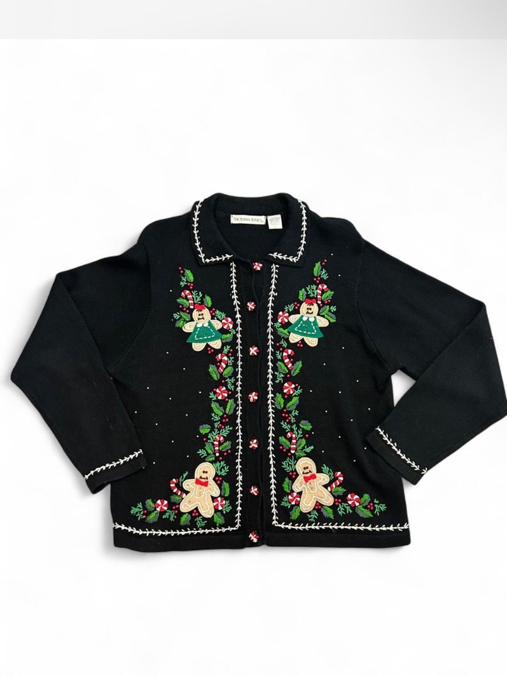 Black Holiday Embroidered Cardigan Sweater - Festive Gingerbread Design
